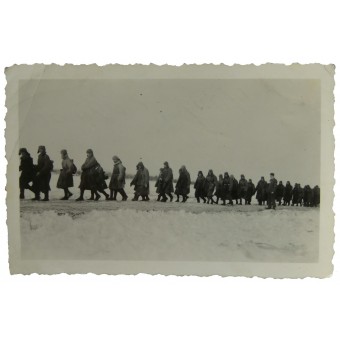 En kolonn med sovjetiska krigsfångar på vintern 1941.. Espenlaub militaria